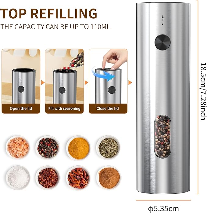 Electric Salt and Pepper Grinder Set,Upgradeable External Grind Adjustment for Coarse or Fine, Set with Rechargeable Base,LED Light, Ideal for Kitchen Cooking and Outdoor Grilling.