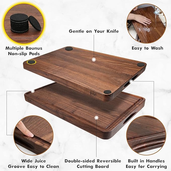 AZRHOM Walnut Wood Cutting Board, 17x11in Large Wooden Chopping Boards with Deep Juice Groove and Side Handle, Thick Butcher Block for Kitchen Meat Cheese Gift for Wife Mom (Gift Box)