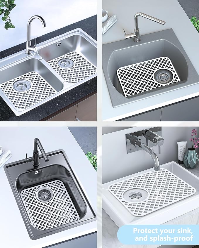 2 Pack Silicone Sink Protectors for Kitchen Sink, Lozenge Pattern 13 x 11 Inches Sink Mat, Non-Slip and Durable Sink Protector Silicone, Rear Drain, White