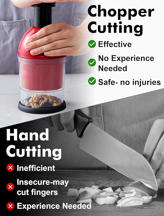 Food Chopper, Hand Chopper Dicer Easy to Clean, Manual Slap Vegetable Cutter Onion Dicer, Garlic Mincer for Onion, Nut, Tomato, Pepper, Celery, etc, Red