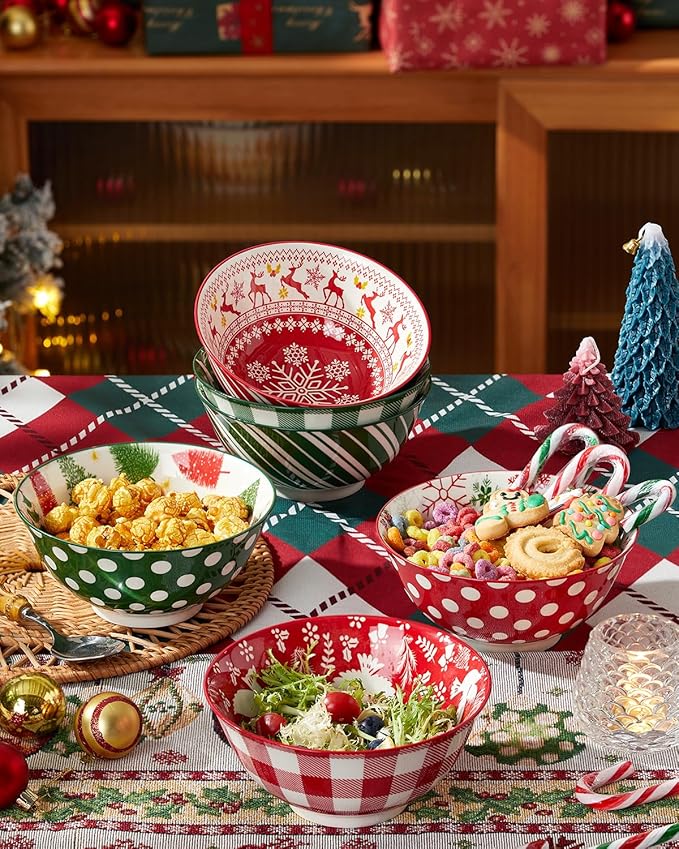 Christmas Soup Bowls, 23 Oz Cereal Bowl Set for Kitchen, Deep Ceramic Bowls for Salad, Dessert, Pasta, Ice Cream, Dishwasher and Microwave Safe, Set of 6