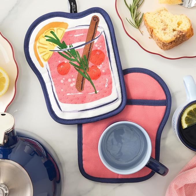 Kate Spade New York Festive Cocktail Heat Resistant, 100% Cotton with Hanging Loop, Slip Resistant Pot Holder 2-Pack Set, Pink/Navy Blue, 8"x6.5"