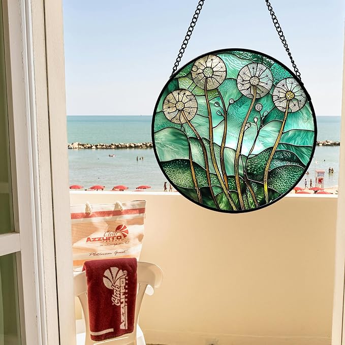 Stained Glass Window Hanging, Green Abstract Lotus Leaves Tree Sun Catcher for Window Door Home Decor Plant Suncatcher Christmas Mother's Day Birthday Gifts for Women Men Mom Nana 15 in