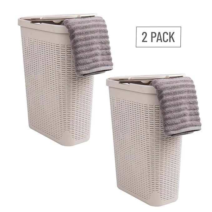 Mind Reader Slim Laundry Hamper with Lid, 40L Clothes Basket, Premium Wicker Design, Plastic, Set of 2, Ivory
