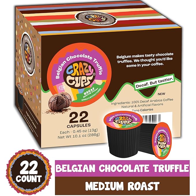 Crazy Cups Decaf Flavored Coffee for Keurig K-Cup Machines, Belgian Chocolate Truffle, Single Serve Hot or Iced Coffee, 22 Count