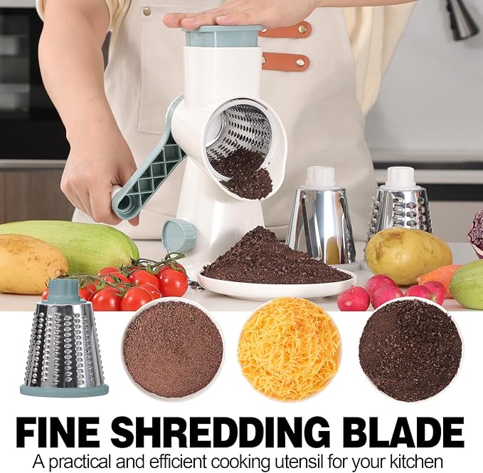 Cheese Grater Cheese Shredder with 3 Interchangeable Blades, Rotary Cheese Grater Manual Vegetable Slicer with Non-slip Suction Base Peanut Nuts Grinder Vegetable Shredder White