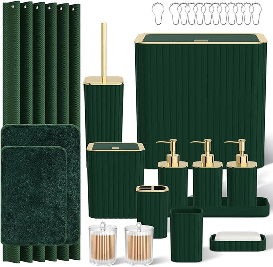 Bathroom Accessory Set - Bathroom Set, 27PC Bathroom Accessories Set, Dark Green Bathroom Sets with Shower Curtain and Rugs, Mini Trash Can, Toilet Brush, Trash Can & Soap Dispenser