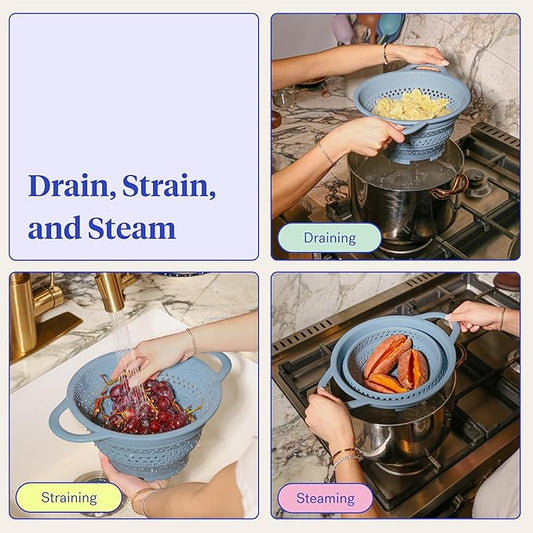 GIR Collapsible Colander for Kitchen – Space-Saving Strainer & Steamer – BPA-Free, Heat-Resistant, Dishwasher Safe Kitchen Strainer with Stainless Steel Rim – Durable Collapsible Colander - Slate