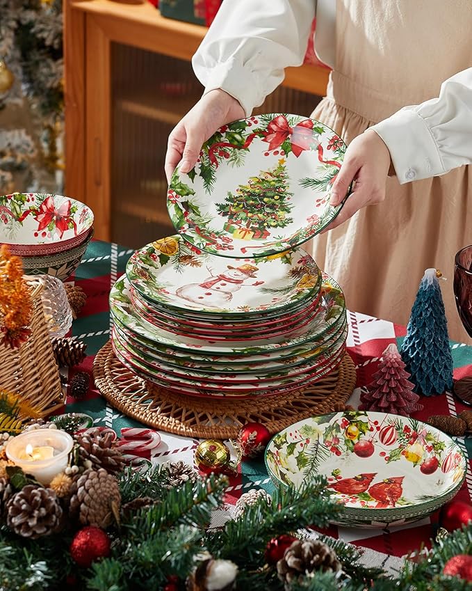 Christmas Salad Plates, 8 Inch Ceramic Plate Set, Appetizer Dishes for Pasta, Side Dishes, Holiday Treats, Dishwasher & Microwave Safe, Set of 6
