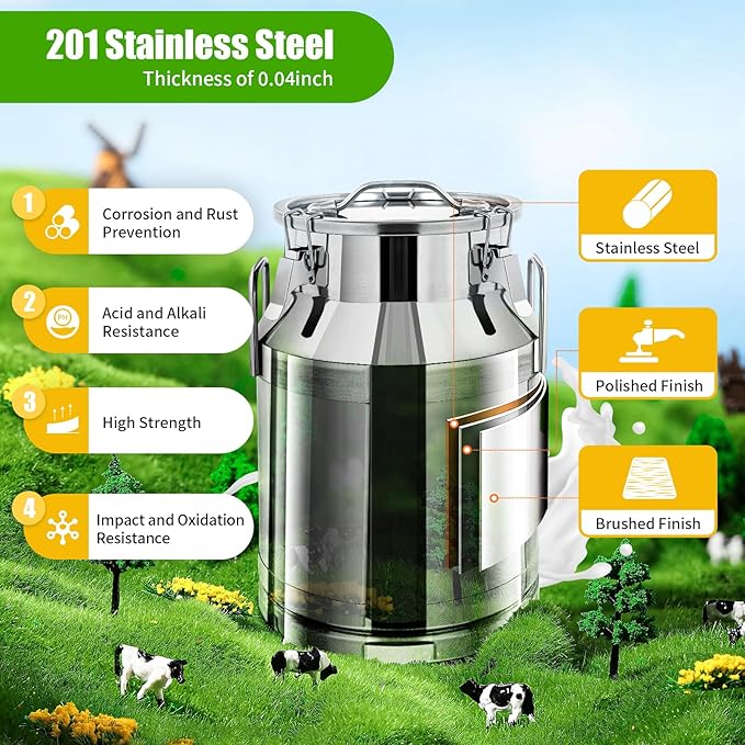 Milk Can Stainless Steel Containers with Lids Old Fashion Milk Jug Metal Bucket with Practical Handles, Sealed Bucket for Milk Water Wine Honey Oil Rice Tea Beans Grains (30L/7.93Gal)