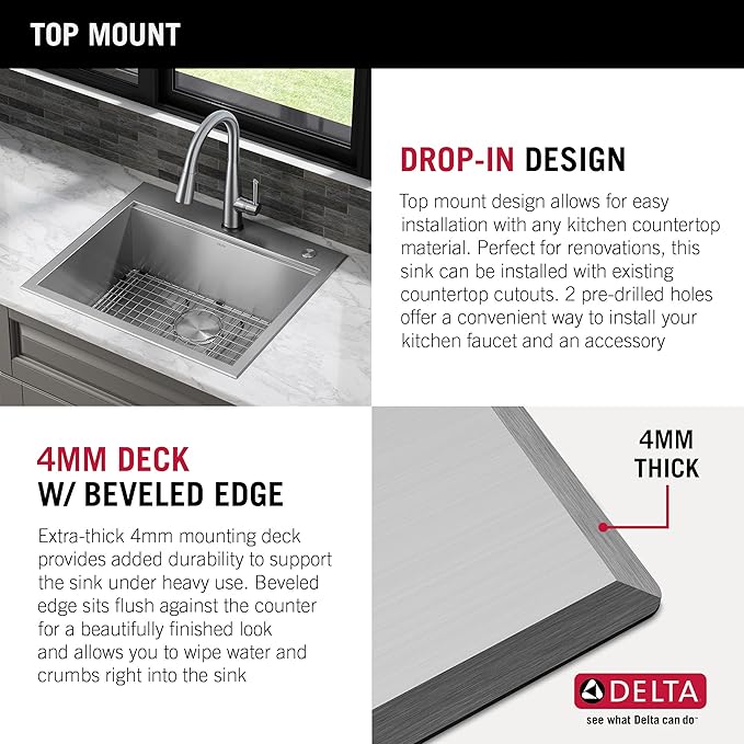 DELTA FAUCET Rivet 25-Inch Workstation Kitchen Sink Drop-In Top Mount 16 Gauge Stainless Steel Single Bowl with WorkFlow Ledge and Chef’s Kit of 5 Accessories, 95A931-25S-SS