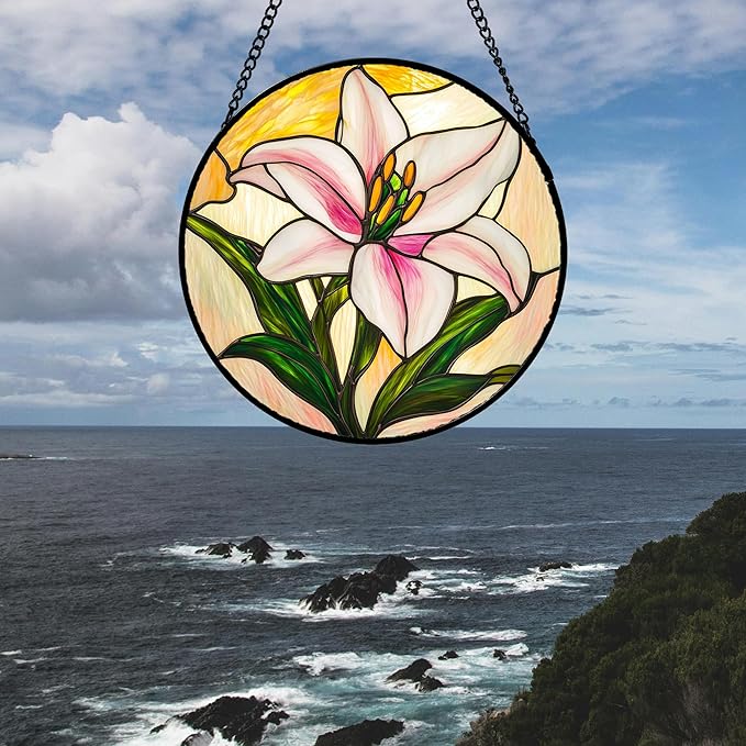 Stained Glass Window Hanging 4 Pcs Set Lily Rose Sunflower Poppy 7.8" - Flower Suncatcher Door Garden Sun Catcher Decor Birthday Mother's Day for Wife Woman Nana Girl