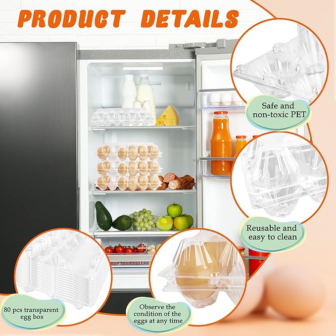 80 Pack Plastic Egg Carton Bulk One Dozen Clear Empty Egg Cartons Perfect for 12 Eggs for Chicken Eggs Home Ranch Chicken Farm, 2 x 6 Grids