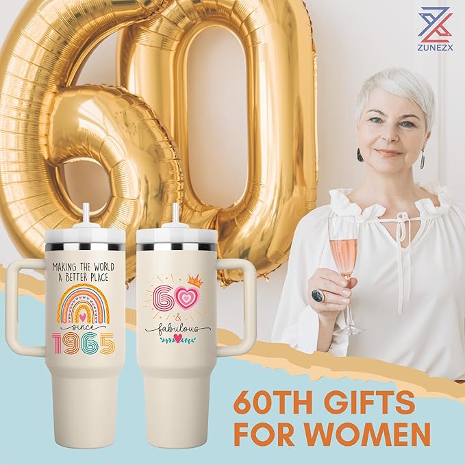 60th Birthday Gifts for Women, 60 Fabulous Gift For Her Mom, Cool 60th Birthday Gifts Tumbler 40oz, 60 Years Old 1965 Birthday Gifts for Women, 60th Birthday Decorations for Woman, Turning 60 Present