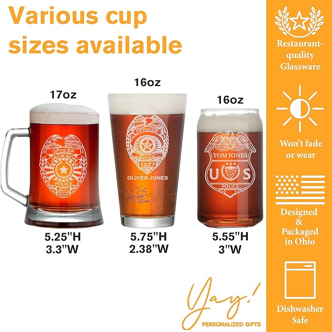 Personalized Police Officer Beer Glass, Custom Name & Number Beer Pint, 16oz Engraved Police Drinkware, Engraving Gifts for Men Dad, Retirement, PD