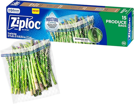 Ziploc Food Storage Produce Bags, Seal Top to Keep and Control Moisture, 15 Bags Total