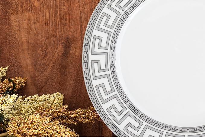 Dinnerware Set for 8-57 Pieces White and Silver Greek Key Design - Vintage Porcelain Plates, Bowls, Cups and Saucers - For Everyday Use and Special Occasions (Meander Silver 2057)