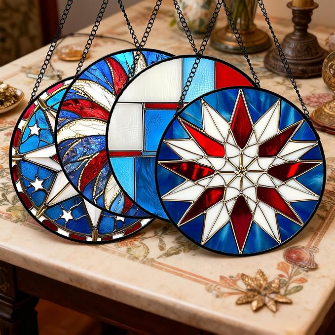 Stained Glass Window Hanging 4 Pcs Set Abstract Flowers In Red White Blue Large 11.8" - Suncatcher Door Garden Sun Catcher Decor Birthday Mother's Day Xmas Gift for Mom Woman Nana Men Parents
