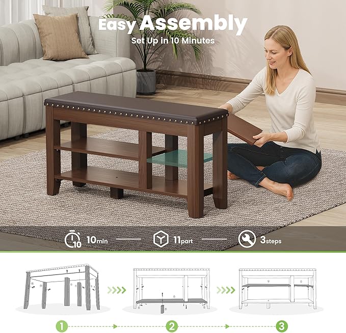 Shoe Bench for Entryway, Solid Rubberwood Shoe Bench with Hidden Storage, Adjustable 2-Tier Shelves & Soft PU Leather Seat, Shoe Rack Durable Easy Assembly for Hallway or Bedroom - Brown, 39.4"