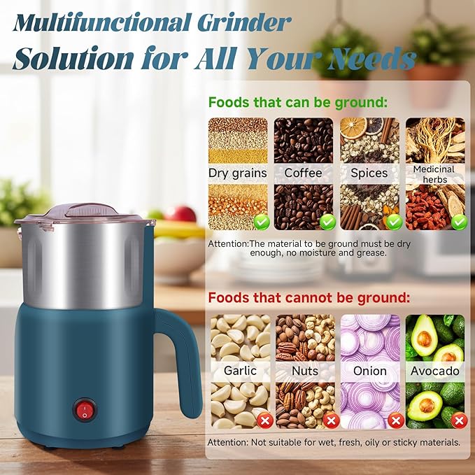 Electric Spice Grinder - 800W Versatile Grain Dry Grinder for Kitchen, Safety and Overheating Dual Protection, Suitable for Grinding Spices, Coffee, Herb, Grain