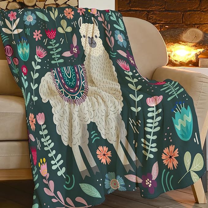 Alpaca Blanket Botanical Flower Throw Blanket Cozy Plush Boho Bohemia Llama Fleece Flannel Ultra Soft Blankets Lightweight Fuzzy Party Gifts for Adult Bed Couch Sofa Kids 50"X40"