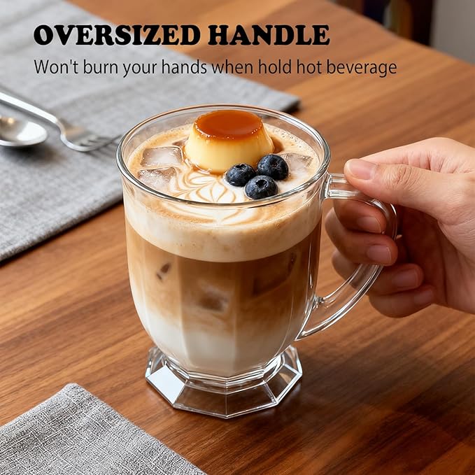 Set of 4 Clear Glass Coffee Mugs with Spoon,16 OZ Large Clear Glass Beer Cups with Handle for Hot Beverages,Tea, Cappuccino, Latte, Espresso, Juice MothersLarge