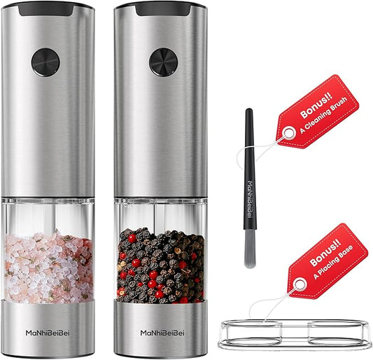 Electric Salt and Pepper Grinder Set One-hand Operated, Adjustable Coarseness, Stainless Steel body Ceramic Burrs,Pepper Shakers Mills with LED Light,House Warming Cooking Gift (2)