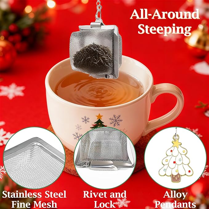 Christmas Themed Tea Infuser Set, 2 PCS Cubic Tea Strainers for Loose Leaf Tea, Reusable Stainless Steel Mesh Tea Ball, Tea Steeper with Christmas Tree and Love House Pendant