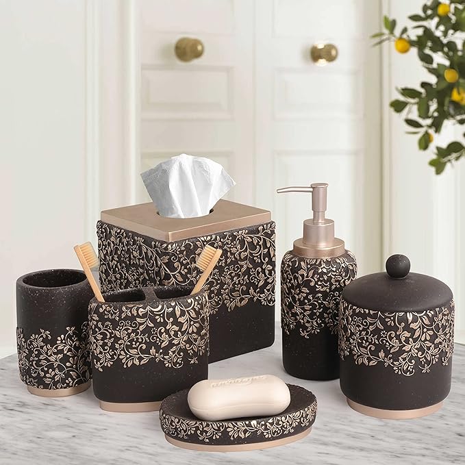 Decozen Bathroom Accessories Set 6Pcs – Soap Dispenser, Toothbrush Holder, Tumbler, Soap Dish & Cotton Swab Jar – Modern Bathroom Decor, Bath Set for Christmas Decor, Stella