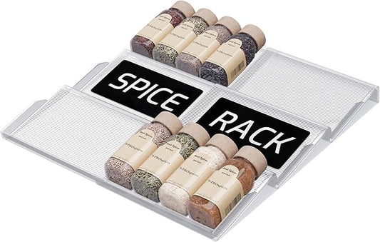 LEVANI Spice Drawer Organizer – 3 Large Tiers, Anti-Slip Grips, Narrow to Standard Drawer Size - Expandable from 8 – 15 inches Wide, Clear Durable Acrylic Spice Rack, No Sliding in Kitchen Drawers