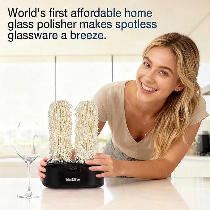 Home Glassware Polisher, World's First Affordable Spinning Glass Polisher, 600 RPM Dries, Polishes, All Glasses, Wine, Bar, Drinking, Wet/Dry, For Sparkling Glassware, Black, Classic Matte