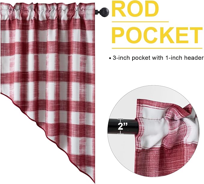 NICETOWN Swag Kitchen Curtains for Christmas Decor,Rod Pocket Short Window Curtains for Living Room, Room Darkening Small Shade for Bedroom (Red & White, 1 Pair, 36" x 36")