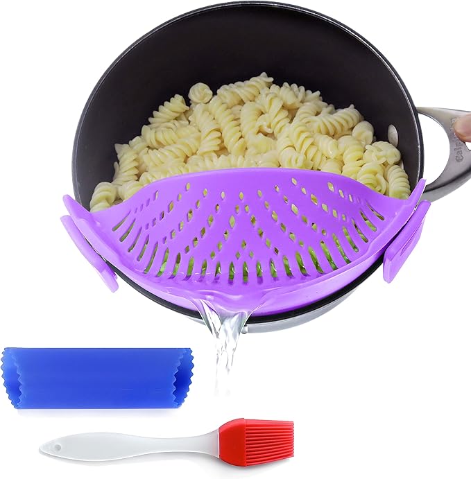 Clip On Kitchen Food Strainer for Spaghetti, Meat, Pasta, & Ground Beef Grease, Colander & Sieve Snaps or Clips Onto Bowls, Pots & Pans Includes Silicone Drainer, Brush & Garlic Peeler (Purple)