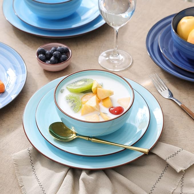 Selamica Ceramic Dinnerware Sets, 12 Pieces Plates and Bowls Sets, Scratch Resistant Dishes Set for 4, Handpainted Swirl Dishware Sets with Spray Black Dots, Dishwasher&Microwave Safe, Gradient Blue