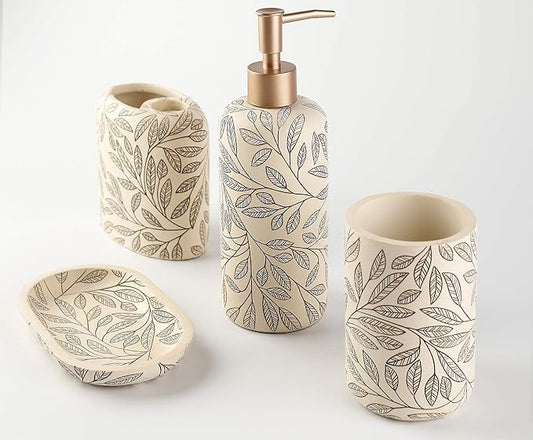 Hymmah Bathroom Accessories Set,Toothbrush Holder,Farmhouse Bathroom Decor,4 Pcs Resin Gift Set Apartment Necessities, Contain Toothbrush Cup,Soap Dispenser,Soap Dish,Tumbler