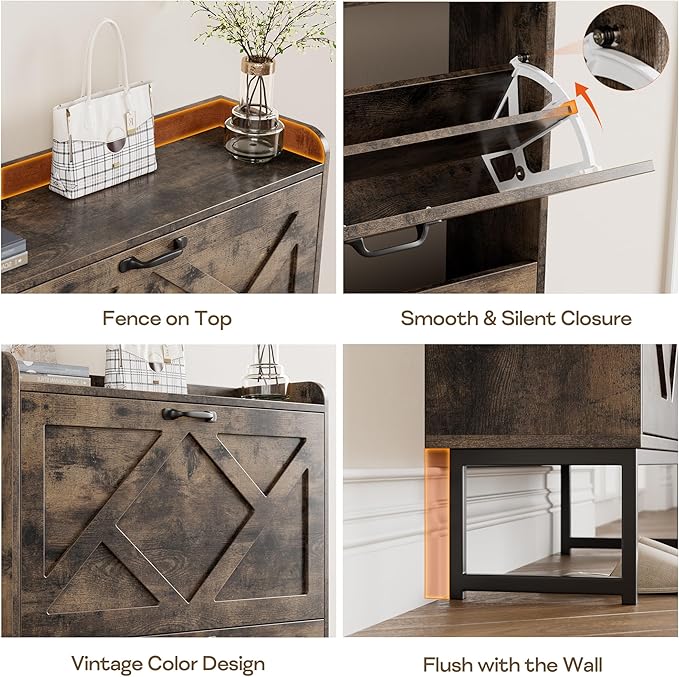Nicetree Shoe Cabinet with 2 Flip Drawers, Freestanding Shoe Storage Cabinet with Metal Legs, Farmhouse Shoe Organizer for Entryway, Foyer, Hallway, Rustic Brown