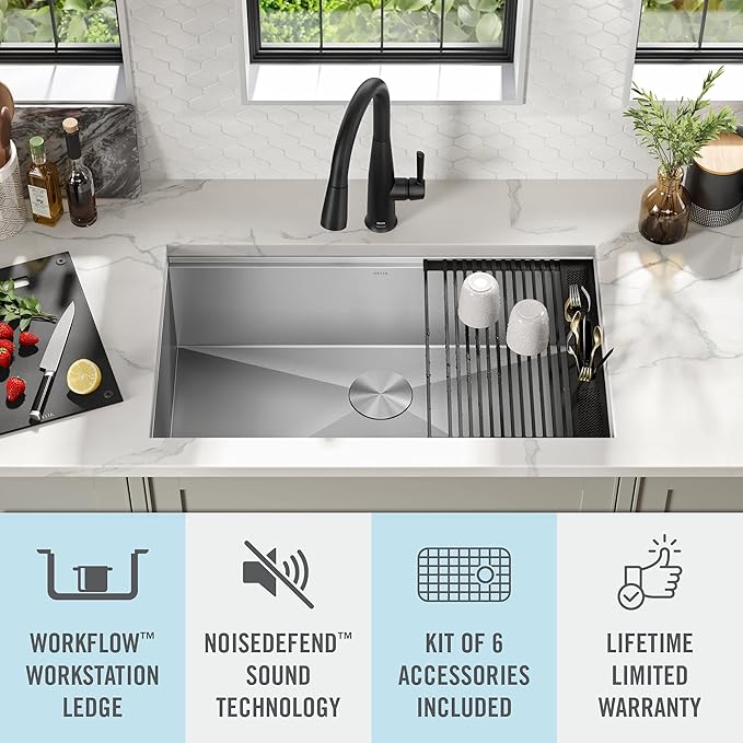 DELTA FAUCET DELTA Rivet 32-Inch Workstation Kitchen Sink Undermount 16 Gauge Stainless Steel Single Bowl with WorkFlow Ledge and Chef’s Kit of 6 Accessories, 95B931-32S-SS