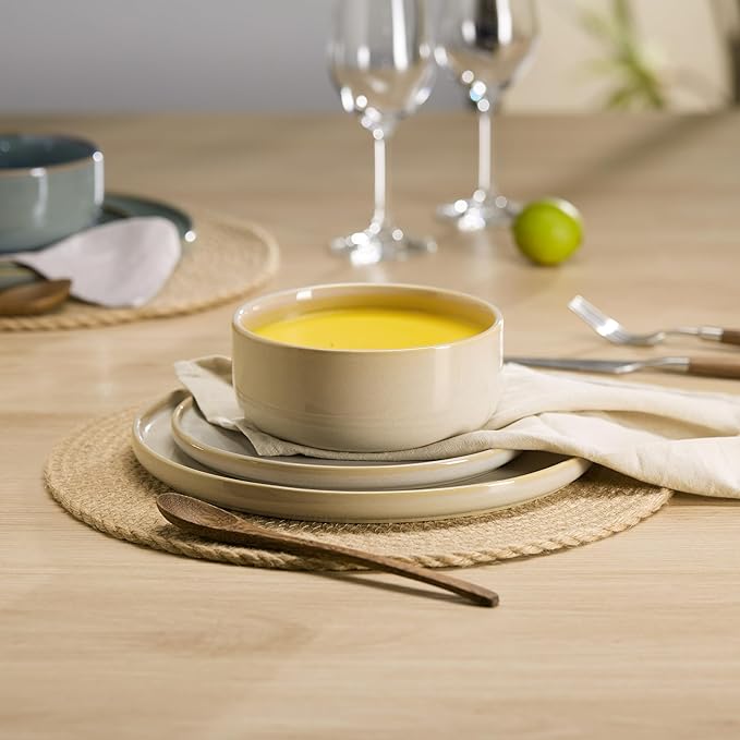 Dinnerware Set, 12 Piece Service for 4, by Kook, Ceramic 10.5” Dinner Plates, 8.2” Salad Plates and 25 oz Soup Bowls, Stoneware, 12 Piece Set, Somerset Collection (Beige)