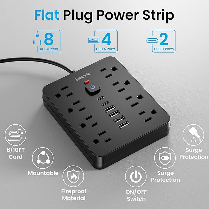 Surge Protector Power Strip, 8 Outlets(1250W/10A), 6 USB Charging Ports(2 USB C), 10FT Flat Plug Extension Cord Outlet Extender with Overload Protection, ETL Certified for Office, Dorm Room