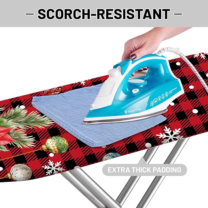 Extra Thick Ironing Board Cover and Pad,Christmas 15x54 Ironing Board Cover, Resist Scorching and Staining,Christmas Snowflake Pine Tree Ball Xmas Red Black Check