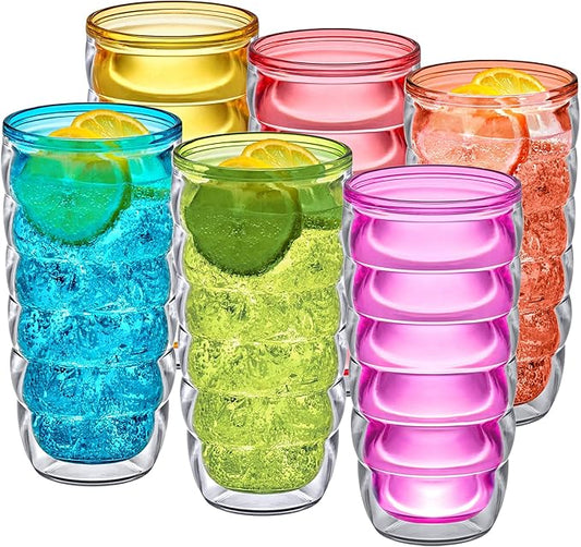 Amazing Abby - Arctic - 24-Ounce Insulated Plastic Tumblers (Set of 6), Double-Wall Plastic Drinking Glasses, Mixed-Color Reusable Cups, BPA-Free, Shatter-Proof, Dishwasher-Safe