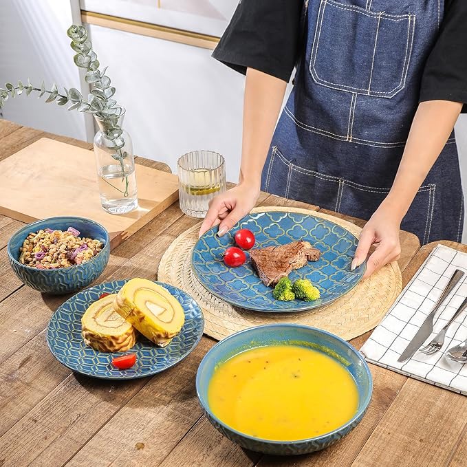 Sureasy Ceramic Dinnerware Set for 4-16 Pieces Embossed Plates and Bowls Sets, Scratch Resistant Dish Set, Microwave, Oven & Dishwasher Safe, Blue