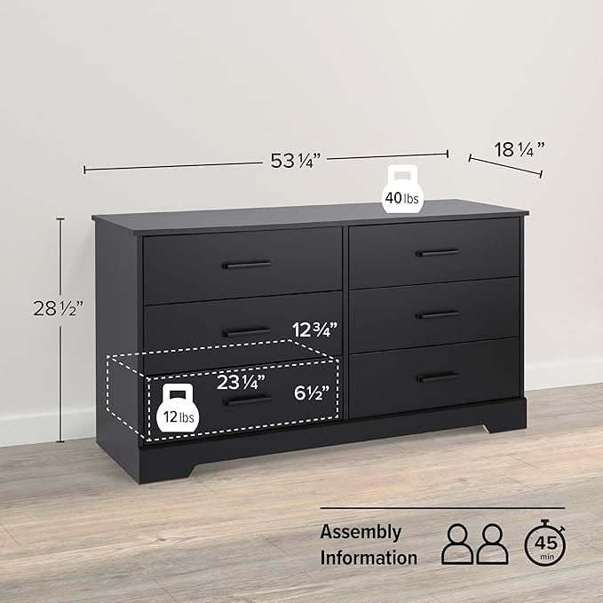 Prepac Rustic Ridge Farmhouse 6-Drawer Double Dresser, Black Dresser for Bedroom, Chest of Drawers with 6 Storage Drawers, 53.25” wide x 18.25” deep x 28.5” tall, Black