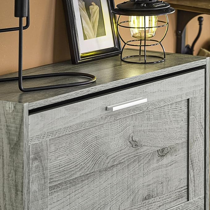 Shoe Cabinet for Entryway, 3-Tier Flip Drawer Narrow Shoe Storage Cabinet with Divider, Tall Slim Shoe Organizer for Small Spaces, Slim Shoe Rack Freestanding, Gray, HUS-FSR137-L