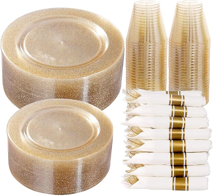 DaYammi 350 Pieces Gold Glitter Dinnerware Set 50 Guest for Party Christmas Plates Disposable - 50 Dinner Plates, 50 Dessert Platos -50 Per Rolled Napkins with Gold Cutlery -50 Disposable Cups 9 OZ