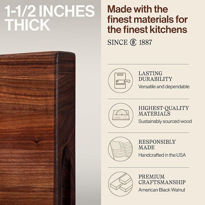John Boos R-Board Series Rectangular Wooden Walnut Cutting Board 20”x15” – 1.5” Thick, 12-lb Reversible Butcher Block with Edge-Grain & Finger Grips – Made in the USA