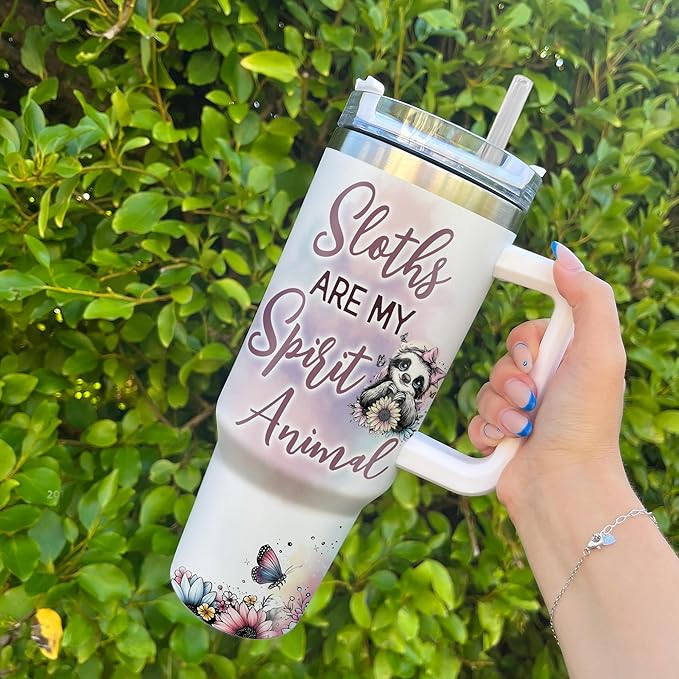 Personalized Sloth 40oz Tumbler with Handle and Straw Gifts for Animal Lovers, Sloth Lovers Gifts for Girl Women, Unique Birthday Christmas Gift Idea, Custom Name Stainless Steel Travel Cup