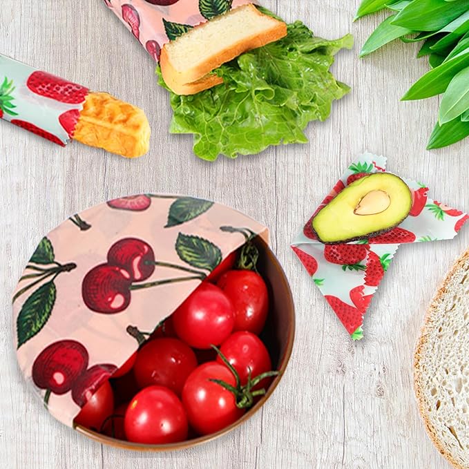 Reusable Beeswax Wrap, 4 Pack Eco-Friendly Beeswax Wraps For Food, Organic, Sustainable, Biodegradable, Zero Waste, Plastic-Free Food Storage, 1L Avocado, 1M Cherry, 1S Strawberry, 1XS Lemon Patterns