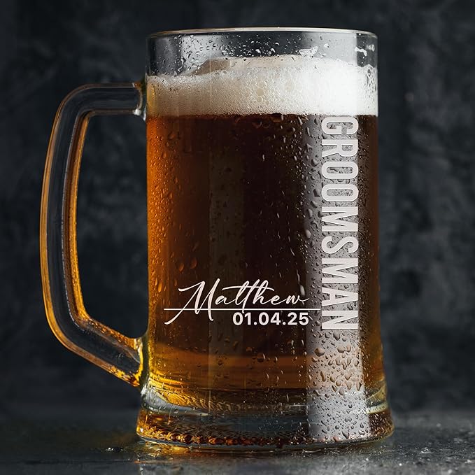 Groomsmen Gifts - Personalized Beer Mugs - Groomsmen Proposal Gift Idea - Customized Gift for Groom, Best Man, Groomsman - Custom Engraved Beer Mugs for Grooms Men - Groomsmen Beer Glasses (Design D)