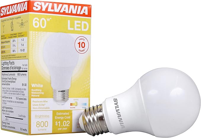 Sylvania A19 LED Light Bulb, 8.5W, 60W Equivalent, 10 Year, Non-Dimmale, 800 Lumens, 3000K, White (74733) (Pack of 1)